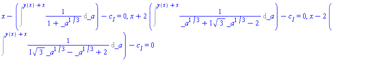 x-Intat(1/(1+_a^(1/3)), _a = y(x)+x)-c__1 = 0, x+2*Intat(1/(_a^(1/3)+I*3^(1/2)*_a^(1/3)-2), _a = y(x)+x)-c__1 = 0, x-2*Intat(1/(I*3^(1/2)*_a^(1/3)-_a^(1/3)+2), _a = y(x)+x)-c__1 = 0