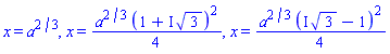 x = a^(2/3), x = (1/4)*a^(2/3)*(1+I*3^(1/2))^2, x = (1/4)*a^(2/3)*(I*3^(1/2)-1)^2