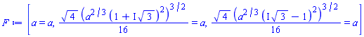 [a = a, (1/16)*4^(1/2)*(a^(2/3)*(1+I*3^(1/2))^2)^(3/2) = a, (1/16)*4^(1/2)*(a^(2/3)*(I*3^(1/2)-1)^2)^(3/2) = a]