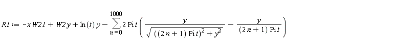 R1 := -x*W21+W2*y+ln(t)*y-(Sum(2*Pi*t*(y/sqrt(((2*n+1)*Pi*t)^2+y^2)-y/((2*n+1)*Pi*t)), n = 0 .. 1000))
