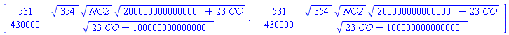 [(531/430000)*354^(1/2)*NO2^(1/2)*(200000000000000+23*CO)^(1/2)/(23*CO-100000000000000)^(1/2), -(531/430000)*354^(1/2)*NO2^(1/2)*(200000000000000+23*CO)^(1/2)/(23*CO-100000000000000)^(1/2)]