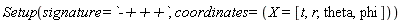 Setup(signature = `-+++`, coordinates = (X = [t, r, theta, phi]))