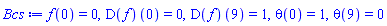 f(0) = 0, (D(f))(0) = 0, (D(f))(9) = 1, theta(0) = 1, theta(9) = 0