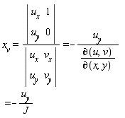 x[v] = LinearAlgebra[Determinant](Matrix(2, 2, {(1, 1) = u[x], (1, 2) = 1, (2, 1) = u[y], (2, 2) = 0}))/LinearAlgebra[Determinant](Matrix(2, 2, {(1, 1) = u[x], (1, 2) = v[x], (2, 1) = u[y], (2, 2) = v[y]})) and LinearAlgebra[Determinant](Matrix(2, 2, {(1, 1) = u[x], (1, 2) = 1, (2, 1) = u[y], (2, 2) = 0}))/LinearAlgebra[Determinant](Matrix(2, 2, {(1, 1) = u[x], (1, 2) = v[x], (2, 1) = u[y], (2, 2) = v[y]})) = -u[y]*`&PartialD;`(x, y)/`&PartialD;`(u, v) and -u[y]*`&PartialD;`(x, y)/`&PartialD;`(u, v) = -u[y]/J