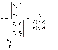 y[v] = LinearAlgebra[Determinant](Matrix(2, 2, {(1, 1) = u[x], (1, 2) = 0, (2, 1) = u[y], (2, 2) = 1}))/LinearAlgebra[Determinant](Matrix(2, 2, {(1, 1) = u[x], (1, 2) = v[x], (2, 1) = u[y], (2, 2) = v[y]})) and LinearAlgebra[Determinant](Matrix(2, 2, {(1, 1) = u[x], (1, 2) = 0, (2, 1) = u[y], (2, 2) = 1}))/LinearAlgebra[Determinant](Matrix(2, 2, {(1, 1) = u[x], (1, 2) = v[x], (2, 1) = u[y], (2, 2) = v[y]})) = u[x]*`&PartialD;`(x, y)/`&PartialD;`(u, v) and u[x]*`&PartialD;`(x, y)/`&PartialD;`(u, v) = u[x]/J
