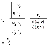 x[u] = LinearAlgebra[Determinant](Matrix(2, 2, {(1, 1) = 1, (1, 2) = v[x], (2, 1) = 0, (2, 2) = v[y]}))/LinearAlgebra[Determinant](Matrix(2, 2, {(1, 1) = u[x], (1, 2) = v[x], (2, 1) = u[y], (2, 2) = v[y]})) and LinearAlgebra[Determinant](Matrix(2, 2, {(1, 1) = 1, (1, 2) = v[x], (2, 1) = 0, (2, 2) = v[y]}))/LinearAlgebra[Determinant](Matrix(2, 2, {(1, 1) = u[x], (1, 2) = v[x], (2, 1) = u[y], (2, 2) = v[y]})) = v[y]*`&PartialD;`(x, y)/`&PartialD;`(u, v) and v[y]*`&PartialD;`(x, y)/`&PartialD;`(u, v) = v[y]/J