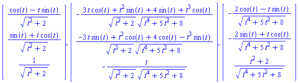 Vector(3, {(1) = (cos(t)-t*sin(t))/sqrt(t^2+2), (2) = (sin(t)+t*cos(t))/sqrt(t^2+2), (3) = 1/sqrt(t^2+2)}), Vector(3, {(1) = -(3*t*cos(t)+t^2*sin(t)+4*sin(t)+t^3*cos(t))/(sqrt(t^2+2)*sqrt(t^4+5*t^2+8)), (2) = (-3*t*sin(t)+t^2*cos(t)+4*cos(t)-t^3*sin(t))/(sqrt(t^2+2)*sqrt(t^4+5*t^2+8)), (3) = -t/(sqrt(t^2+2)*sqrt(t^4+5*t^2+8))}), Vector(3, {(1) = -(2*cos(t)-t*sin(t))/sqrt(t^4+5*t^2+8), (2) = -(2*sin(t)+t*cos(t))/sqrt(t^4+5*t^2+8), (3) = (t^2+2)/sqrt(t^4+5*t^2+8)})