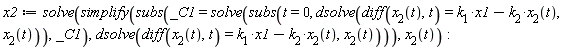 x2 := solve(simplify(subs(_C1 = solve(subs(t = 0, dsolve(diff(x[2](t), t) = k[1]*x1-k[2]*x[2](t), x[2](t))), _C1), dsolve(diff(x[2](t), t) = k[1]*x1-k[2]*x[2](t), x[2](t)))), x[2](t)):