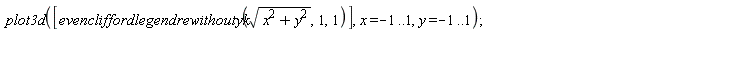plot3d([evencliffordlegendrewithoutyk(sqrt(x^2+y^2), 1, 1)], x = -1 .. 1, y = -1 .. 1)