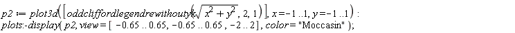 p2 := plot3d([oddcliffordlegendrewithoutyk(sqrt(x^2+y^2), 2, 1)], x = -1 .. 1, y = -1 .. 1); plots:-display(p2, view = [-.65 .. .65, -.65 .. .65, -2 .. 2], color = "Moccasin")
