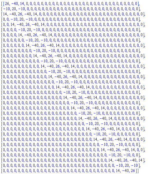 Matrix([[26, -40, 14, 0, 0, 0, 0, 0, 0, 0, 0, 0, 0, 0, 0, 0, 0, 0, 0, 0, 0, 0, 0, 0, 0, 0, 0, 0, 0, 0, 0, 0, 0], [-10, 20, -10, 0, 0, 0, 0, 0, 0, 0, 0, 0, 0, 0, 0, 0, 0, 0, 0, 0, 0, 0, 0, 0, 0, 0, 0, 0, 0, 0, 0, 0, 0], [14, -40, 26, -40, 14, 0, 0, 0, 0, 0, 0, 0, 0, 0, 0, 0, 0, 0, 0, 0, 0, 0, 0, 0, 0, 0, 0, 0, 0, 0, 0, 0, 0], [0, 0, -10, 20, -10, 0, 0, 0, 0, 0, 0, 0, 0, 0, 0, 0, 0, 0, 0, 0, 0, 0, 0, 0, 0, 0, 0, 0, 0, 0, 0, 0, 0], [0, 0, 14, -40, 26, -40, 14, 0, 0, 0, 0, 0, 0, 0, 0, 0, 0, 0, 0, 0, 0, 0, 0, 0, 0, 0, 0, 0, 0, 0, 0, 0, 0], [0, 0, 0, 0, -10, 20, -10, 0, 0, 0, 0, 0, 0, 0, 0, 0, 0, 0, 0, 0, 0, 0, 0, 0, 0, 0, 0, 0, 0, 0, 0, 0, 0], [0, 0, 0, 0, 14, -40, 26, -40, 14, 0, 0, 0, 0, 0, 0, 0, 0, 0, 0, 0, 0, 0, 0, 0, 0, 0, 0, 0, 0, 0, 0, 0, 0], [0, 0, 0, 0, 0, 0, -10, 20, -10, 0, 0, 0, 0, 0, 0, 0, 0, 0, 0, 0, 0, 0, 0, 0, 0, 0, 0, 0, 0, 0, 0, 0, 0], [0, 0, 0, 0, 0, 0, 14, -40, 26, -40, 14, 0, 0, 0, 0, 0, 0, 0, 0, 0, 0, 0, 0, 0, 0, 0, 0, 0, 0, 0, 0, 0, 0], [0, 0, 0, 0, 0, 0, 0, 0, -10, 20, -10, 0, 0, 0, 0, 0, 0, 0, 0, 0, 0, 0, 0, 0, 0, 0, 0, 0, 0, 0, 0, 0, 0], [0, 0, 0, 0, 0, 0, 0, 0, 14, -40, 26, -40, 14, 0, 0, 0, 0, 0, 0, 0, 0, 0, 0, 0, 0, 0, 0, 0, 0, 0, 0, 0, 0], [0, 0, 0, 0, 0, 0, 0, 0, 0, 0, -10, 20, -10, 0, 0, 0, 0, 0, 0, 0, 0, 0, 0, 0, 0, 0, 0, 0, 0, 0, 0, 0, 0], [0, 0, 0, 0, 0, 0, 0, 0, 0, 0, 14, -40, 26, -40, 14, 0, 0, 0, 0, 0, 0, 0, 0, 0, 0, 0, 0, 0, 0, 0, 0, 0, 0], [0, 0, 0, 0, 0, 0, 0, 0, 0, 0, 0, 0, -10, 20, -10, 0, 0, 0, 0, 0, 0, 0, 0, 0, 0, 0, 0, 0, 0, 0, 0, 0, 0], [0, 0, 0, 0, 0, 0, 0, 0, 0, 0, 0, 0, 14, -40, 26, -40, 14, 0, 0, 0, 0, 0, 0, 0, 0, 0, 0, 0, 0, 0, 0, 0, 0], [0, 0, 0, 0, 0, 0, 0, 0, 0, 0, 0, 0, 0, 0, -10, 20, -10, 0, 0, 0, 0, 0, 0, 0, 0, 0, 0, 0, 0, 0, 0, 0, 0], [0, 0, 0, 0, 0, 0, 0, 0, 0, 0, 0, 0, 0, 0, 14, -40, 26, -40, 14, 0, 0, 0, 0, 0, 0, 0, 0, 0, 0, 0, 0, 0, 0], [0, 0, 0, 0, 0, 0, 0, 0, 0, 0, 0, 0, 0, 0, 0, 0, -10, 20, -10, 0, 0, 0, 0, 0, 0, 0, 0, 0, 0, 0, 0, 0, 0], [0, 0, 0, 0, 0, 0, 0, 0, 0, 0, 0, 0, 0, 0, 0, 0, 14, -40, 26, -40, 14, 0, 0, 0, 0, 0, 0, 0, 0, 0, 0, 0, 0], [0, 0, 0, 0, 0, 0, 0, 0, 0, 0, 0, 0, 0, 0, 0, 0, 0, 0, -10, 20, -10, 0, 0, 0, 0, 0, 0, 0, 0, 0, 0, 0, 0], [0, 0, 0, 0, 0, 0, 0, 0, 0, 0, 0, 0, 0, 0, 0, 0, 0, 0, 14, -40, 26, -40, 14, 0, 0, 0, 0, 0, 0, 0, 0, 0, 0], [0, 0, 0, 0, 0, 0, 0, 0, 0, 0, 0, 0, 0, 0, 0, 0, 0, 0, 0, 0, -10, 20, -10, 0, 0, 0, 0, 0, 0, 0, 0, 0, 0], [0, 0, 0, 0, 0, 0, 0, 0, 0, 0, 0, 0, 0, 0, 0, 0, 0, 0, 0, 0, 14, -40, 26, -40, 14, 0, 0, 0, 0, 0, 0, 0, 0], [0, 0, 0, 0, 0, 0, 0, 0, 0, 0, 0, 0, 0, 0, 0, 0, 0, 0, 0, 0, 0, 0, -10, 20, -10, 0, 0, 0, 0, 0, 0, 0, 0], [0, 0, 0, 0, 0, 0, 0, 0, 0, 0, 0, 0, 0, 0, 0, 0, 0, 0, 0, 0, 0, 0, 14, -40, 26, -40, 14, 0, 0, 0, 0, 0, 0], [0, 0, 0, 0, 0, 0, 0, 0, 0, 0, 0, 0, 0, 0, 0, 0, 0, 0, 0, 0, 0, 0, 0, 0, -10, 20, -10, 0, 0, 0, 0, 0, 0], [0, 0, 0, 0, 0, 0, 0, 0, 0, 0, 0, 0, 0, 0, 0, 0, 0, 0, 0, 0, 0, 0, 0, 0, 14, -40, 26, -40, 14, 0, 0, 0, 0], [0, 0, 0, 0, 0, 0, 0, 0, 0, 0, 0, 0, 0, 0, 0, 0, 0, 0, 0, 0, 0, 0, 0, 0, 0, 0, -10, 20, -10, 0, 0, 0, 0], [0, 0, 0, 0, 0, 0, 0, 0, 0, 0, 0, 0, 0, 0, 0, 0, 0, 0, 0, 0, 0, 0, 0, 0, 0, 0, 14, -40, 26, -40, 14, 0, 0], [0, 0, 0, 0, 0, 0, 0, 0, 0, 0, 0, 0, 0, 0, 0, 0, 0, 0, 0, 0, 0, 0, 0, 0, 0, 0, 0, 0, -10, 20, -10, 0, 0], [0, 0, 0, 0, 0, 0, 0, 0, 0, 0, 0, 0, 0, 0, 0, 0, 0, 0, 0, 0, 0, 0, 0, 0, 0, 0, 0, 0, 14, -40, 26, -40, 14], [0, 0, 0, 0, 0, 0, 0, 0, 0, 0, 0, 0, 0, 0, 0, 0, 0, 0, 0, 0, 0, 0, 0, 0, 0, 0, 0, 0, 0, 0, -10, 20, -10], [0, 0, 0, 0, 0, 0, 0, 0, 0, 0, 0, 0, 0, 0, 0, 0, 0, 0, 0, 0, 0, 0, 0, 0, 0, 0, 0, 0, 0, 0, 14, -40, 26]])