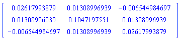 Matrix([[0.2617993879e-1, 0.1308996939e-1, -0.6544984697e-2], [0.1308996939e-1, .1047197551, 0.1308996939e-1], [-0.6544984697e-2, 0.1308996939e-1, 0.2617993879e-1]])