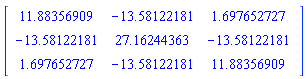 Matrix([[11.88356909, -13.58122181, 1.697652727], [-13.58122181, 27.16244363, -13.58122181], [1.697652727, -13.58122181, 11.88356909]])