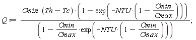 Q := Cmin*(Th-Tc)*(1-exp(-NTU*(1-Cmin/Cmax)))/(1-Cmin*exp(-NTU*(1-Cmin/Cmax))/Cmax);