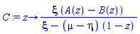 proc (z) options operator, arrow; xi*(A(z)-B(z))/(xi-(mu-eta)*(1-z)) end proc
