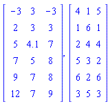 Matrix(6, 3, {(1, 1) = -3, (1, 2) = 3, (1, 3) = -3, (2, 1) = 2, (2, 2) = 3, (2, 3) = 3, (3, 1) = 5, (3, 2) = 4.1, (3, 3) = 7, (4, 1) = 7, (4, 2) = 5, (4, 3) = 8, (5, 1) = 9, (5, 2) = 7, (5, 3) = 8, (6, 1) = 12, (6, 2) = 7, (6, 3) = 9}), Matrix(6, 3, {(1, 1) = 4, (1, 2) = 1, (1, 3) = 5, (2, 1) = 1, (2, 2) = 6, (2, 3) = 1, (3, 1) = 2, (3, 2) = 4, (3, 3) = 4, (4, 1) = 5, (4, 2) = 3, (4, 3) = 2, (5, 1) = 6, (5, 2) = 2, (5, 3) = 6, (6, 1) = 3, (6, 2) = 5, (6, 3) = 3})
