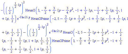 -((1/2)^(((1/2)*I)*p))^2*HeunG(3, -9/2+((3/4)*I)*p-(3/4)*p^2, -1+((1/2)*I)*p, -1/2+((1/2)*I)*p, 1/2, 1+I*p, 1/2)*exp(-I*ln(2)*p)*HeunGPrime(-2, 5-((3/2)*I)*p+(1/2)*p^2, -1+((1/2)*I)*p, -1/2+((1/2)*I)*p, 1+I*p, 1/2, 1/2)-((1/2)^(((1/2)*I)*p))^2*exp(-I*ln(2)*p)*HeunG(-2, 5-((3/2)*I)*p+(1/2)*p^2, -1+((1/2)*I)*p, -1/2+((1/2)*I)*p, 1+I*p, 1/2, 1/2)*HeunGPrime(3, -9/2+((3/4)*I)*p-(3/4)*p^2, -1+((1/2)*I)*p, -1/2+((1/2)*I)*p, 1/2, 1+I*p, 1/2)