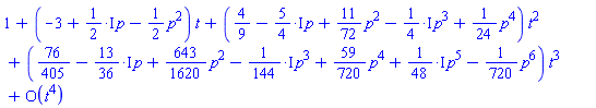 series(1+(-3+((1/2)*I)*p-(1/2)*p^2)*t+(4/9-((5/4)*I)*p+(11/72)*p^2-((1/4)*I)*p^3+(1/24)*p^4)*t^2+(76/405-((13/36)*I)*p+(643/1620)*p^2-((1/144)*I)*p^3+(59/720)*p^4+((1/48)*I)*p^5-(1/720)*p^6)*t^3+O(t^4),t,4)