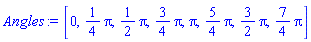 [0, (1/4)*Pi, (1/2)*Pi, (3/4)*Pi, Pi, (5/4)*Pi, (3/2)*Pi, (7/4)*Pi]