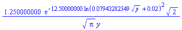 1.250000000*exp(-12.50000000*ln(0.7943282349e-1*y^(1/2)+0.2e-1)^2)*2^(1/2)/(Pi^(1/2)*y)