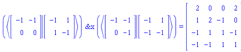 `&x`(`<|>`(Matrix(2, 2, {(1, 1) = -1, (1, 2) = -1, (2, 1) = 0, (2, 2) = 0}), Matrix(2, 2, {(1, 1) = -1, (1, 2) = 1, (2, 1) = 1, (2, 2) = -1})), `<|>`(Matrix(2, 2, {(1, 1) = -1, (1, 2) = -1, (2, 1) = 0, (2, 2) = -1}), Matrix(2, 2, {(1, 1) = -1, (1, 2) = 1, (2, 1) = -1, (2, 2) = -1}))) = (Matrix(4, 4, {(1, 1) = 2, (1, 2) = 0, (1, 3) = 0, (1, 4) = 2, (2, 1) = 1, (2, 2) = 2, (2, 3) = -1, (2, 4) = 0, (3, 1) = -1, (3, 2) = 1, (3, 3) = 1, (3, 4) = -1, (4, 1) = -1, (4, 2) = -1, (4, 3) = 1, (4, 4) = 1}))