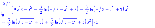 int(9*(8-x^2)^(1/2)-(3/2)*ln(-(8-x^2)^(1/2)+3)-(3/2)*ln(-(8-x^2)^(1/2)+3)*x^2+(3/2)*ln((8-x^2)^(1/2)+3)+(3/2)*ln((8-x^2)^(1/2)+3)*x^2, x = 0 .. 2*2^(1/2))