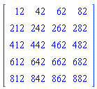 Matrix(5, 4, {(1, 1) = 12, (1, 2) = 42, (1, 3) = 62, (1, 4) = 82, (2, 1) = 212, (2, 2) = 242, (2, 3) = 262, (2, 4) = 282, (3, 1) = 412, (3, 2) = 442, (3, 3) = 462, (3, 4) = 482, (4, 1) = 612, (4, 2) = 642, (4, 3) = 662, (4, 4) = 682, (5, 1) = 812, (5, 2) = 842, (5, 3) = 862, (5, 4) = 882})