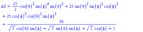 (25/2)*cos(theta)^2*sin(phi)^4*sin(theta)^2+25*sin(theta)^2*sin(phi)^2*cos(phi)^2+25*cos(phi)^2*cos(theta)^2*sin(phi)^2+96/(5^(1/2)*cos(theta)*sin(phi)+5^(1/2)*sin(theta)*sin(phi)+5^(1/2)*cos(phi)+1)