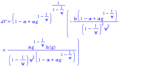 (1-alpha+alpha*g^(1-1/psi))^(1/(1-1/psi))*(-ln(1-alpha+alpha*g^(1-1/psi))/((1-1/psi)^2*psi^2)+alpha*g^(1-1/psi)*ln(g)/((1-1/psi)*psi^2*(1-alpha+alpha*g^(1-1/psi))))