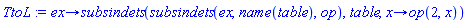 proc (ex) options operator, arrow; subsindets(subsindets(ex, name(table), op), table, proc (x) options operator, arrow; op(2, x) end proc) end proc