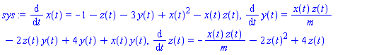 diff(x(t), t) = -1-z(t)-3*y(t)+x(t)^2-x(t)*z(t), diff(y(t), t) = x(t)*z(t)/m-2*z(t)*y(t)+4*y(t)+x(t)*y(t), diff(z(t), t) = -x(t)*z(t)/m-2*z(t)^2+4*z(t)