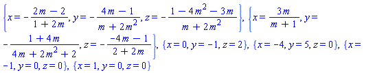 {x = -(2*m-2)/(1+2*m), y = -(4*m-1)/(m+2*m^2), z = -(1-4*m^2-3*m)/(m+2*m^2)}, {x = 3*m/(m+1), y = -(1+4*m)/(4*m+2*m^2+2), z = -(-4*m-1)/(2+2*m)}, {x = 0, y = -1, z = 2}, {x = -4, y = 5, z = 0}, {x = -1, y = 0, z = 0}, {x = 1, y = 0, z = 0}