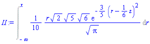 Int((1/10)*r*2^(1/2)*5^(1/2)*6^(1/2)*exp(-(3/5)*(r-(1/6)*z)^2)/Pi^(1/2), r = -infinity .. x)