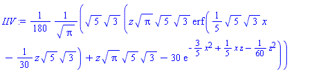 (1/180)*5^(1/2)*3^(1/2)*(z*Pi^(1/2)*5^(1/2)*3^(1/2)*erf((1/5)*5^(1/2)*3^(1/2)*x-(1/30)*z*5^(1/2)*3^(1/2))+z*Pi^(1/2)*5^(1/2)*3^(1/2)-30*exp(-(3/5)*x^2+(1/5)*x*z-(1/60)*z^2))/Pi^(1/2)