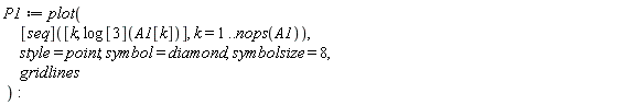 P1 := plot(([seq])([k, log[3](A1[k])], k = 1 .. nops(A1)), style = point, symbol = diamond, symbolsize = 8, gridlines):