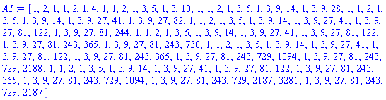 [1, 2, 1, 1, 2, 1, 4, 1, 1, 2, 1, 3, 5, 1, 3, 10, 1, 1, 2, 1, 3, 5, 1, 3, 9, 14, 1, 3, 9, 28, 1, 1, 2, 1, 3, 5, 1, 3, 9, 14, 1, 3, 9, 27, 41, 1, 3, 9, 27, 82, 1, 1, 2, 1, 3, 5, 1, 3, 9, 14, 1, 3, 9, 27, 41, 1, 3, 9, 27, 81, 122, 1, 3, 9, 27, 81, 244, 1, 1, 2, 1, 3, 5, 1, 3, 9, 14, 1, 3, 9, 27, 41, 1, 3, 9, 27, 81, 122, 1, 3, 9, 27, 81, 243, 365, 1, 3, 9, 27, 81, 243, 730, 1, 1, 2, 1, 3, 5, 1, 3, 9, 14, 1, 3, 9, 27, 41, 1, 3, 9, 27, 81, 122, 1, 3, 9, 27, 81, 243, 365, 1, 3, 9, 27, 81, 243, 729, 1094, 1, 3, 9, 27, 81, 243, 729, 2188, 1, 1, 2, 1, 3, 5, 1, 3, 9, 14, 1, 3, 9, 27, 41, 1, 3, 9, 27, 81, 122, 1, 3, 9, 27, 81, 243, 365, 1, 3, 9, 27, 81, 243, 729, 1094, 1, 3, 9, 27, 81, 243, 729, 2187, 3281, 1, 3, 9, 27, 81, 243, 729, 2187]