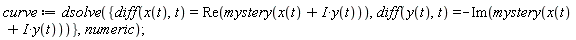 curve := dsolve({diff(x(t), t) = Re(mystery(x(t)+I*y(t))), diff(y(t), t) = -Im(mystery(x(t)+I*y(t)))}, numeric)