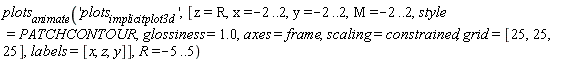 plots[animate]('plots[implicitplot3d]', [z = R, x = -2 .. 2, y = -2 .. 2, M = -2 .. 2, style = PATCHCONTOUR, glossiness = 1.0, axes = frame, scaling = constrained, grid = [25, 25, 25], labels = [x, z, y]], R = -5 .. 5)