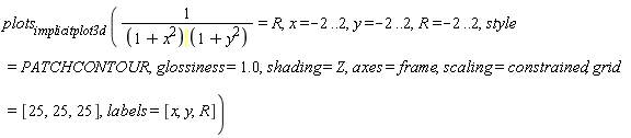 plots[implicitplot3d](1/((1+x^2)*(1+y^2)) = R, x = -2 .. 2, y = -2 .. 2, R = -2 .. 2, style = PATCHCONTOUR, glossiness = 1.0, shading = Z, axes = frame, scaling = constrained, grid = [25, 25, 25], labels = [x, y, R])