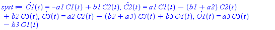 diff(C1(t), t) = -a1*C1(t)+b1*C2(t), diff(C2(t), t) = a1*C1(t)-(b1+a2)*C2(t)+b2*C3(t), diff(C3(t), t) = a2*C2(t)-(b2+a3)*C3(t)+b3*O1(t), diff(O1(t), t) = a3*C3(t)-b3*O1(t)
