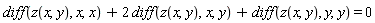 diff(z(x, y), x, x)+2*(diff(z(x, y), x, y))+diff(z(x, y), y, y) = 0