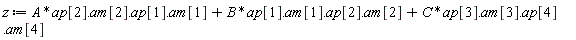 z := A*ap[2].am[2].ap[1].am[1]+B*ap[1].am[1].ap[2].am[2]+C*ap[3].am[3].ap[4].am[4]
