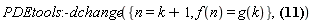 PDEtools:-dchange({n = k+1, f(n) = g(k)}, Sum(f(n)*alpha^(n-1)*Physics:-Ket(A, n-1)/factorial(n-1)^(1/2), n = 1 .. p+1))