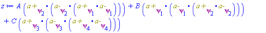 A*Physics:-`.`(`a+`[psi[2]], Physics:-`.`(`a-`[psi[2]], Physics:-`.`(`a+`[psi[1]], `a-`[psi[1]])))+B*Physics:-`.`(`a+`[psi[1]], Physics:-`.`(`a-`[psi[1]], Physics:-`.`(`a+`[psi[2]], `a-`[psi[2]])))+C*Physics:-`.`(`a+`[psi[3]], Physics:-`.`(`a-`[psi[3]], Physics:-`.`(`a+`[psi[4]], `a-`[psi[4]])))