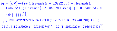 proc (r, theta) options operator, arrow; B0*(Heaviside(r-1.3822551)-Heaviside(r-1.6822551))*Heaviside(.2308681911*r*cos(theta)+0.5488154218e-1-r*sin(theta))/(1+exp(.25028469571727139024+2.388*(11.21653020*theta-2.936480740)+(-1)*.8171*((11.21653020*theta-2.936480740)^2)+.2*((11.21653020*theta-2.936480740)^3))) end proc