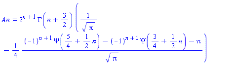 2^(n+1)*GAMMA(n+3/2)*(1/Pi^(1/2)-(1/4)*((-1)^(n+1)*Psi(5/4+(1/2)*n)-(-1)^(n+1)*Psi(3/4+(1/2)*n)-Pi)/Pi^(1/2))