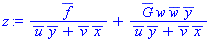 conjugate(f)/(conjugate(u)*conjugate(y)+conjugate(v)*conjugate(x))+conjugate(G)*w*conjugate(w)*conjugate(y)/(conjugate(u)*conjugate(y)+conjugate(v)*conjugate(x))