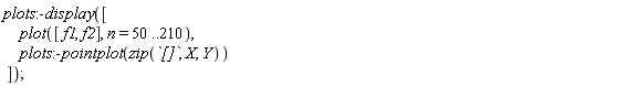 plots:-display([plot([f1, f2], n = 50 .. 210), plots:-pointplot(zip(`[]`, X, Y))]);