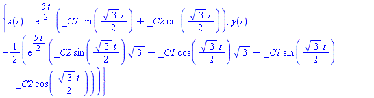 {x(t) = exp((5/2)*t)*(_C1*sin((1/2)*3^(1/2)*t)+_C2*cos((1/2)*3^(1/2)*t)), y(t) = -(1/2)*exp((5/2)*t)*(_C2*sin((1/2)*3^(1/2)*t)*3^(1/2)-_C1*cos((1/2)*3^(1/2)*t)*3^(1/2)-_C1*sin((1/2)*3^(1/2)*t)-_C2*cos((1/2)*3^(1/2)*t))}