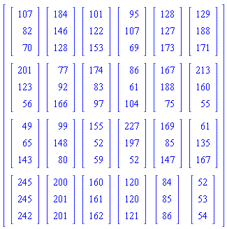 Matrix(4, 6, {(1, 1) = Vector(3, {(1) = 107, (2) = 82, (3) = 70}), (1, 2) = Vector(3, {(1) = 184, (2) = 146, (3) = 128}), (1, 3) = Vector(3, {(1) = 101, (2) = 122, (3) = 153}), (1, 4) = Vector(3, {(1) = 95, (2) = 107, (3) = 69}), (1, 5) = Vector(3, {(1) = 128, (2) = 127, (3) = 173}), (1, 6) = Vector(3, {(1) = 129, (2) = 188, (3) = 171}), (2, 1) = Vector(3, {(1) = 201, (2) = 123, (3) = 56}), (2, 2) = Vector(3, {(1) = 77, (2) = 92, (3) = 166}), (2, 3) = Vector(3, {(1) = 174, (2) = 83, (3) = 97}), (2, 4) = Vector(3, {(1) = 86, (2) = 61, (3) = 104}), (2, 5) = Vector(3, {(1) = 167, (2) = 188, (3) = 75}), (2, 6) = Vector(3, {(1) = 213, (2) = 160, (3) = 55}), (3, 1) = Vector(3, {(1) = 49, (2) = 65, (3) = 143}), (3, 2) = Vector(3, {(1) = 99, (2) = 148, (3) = 80}), (3, 3) = Vector(3, {(1) = 155, (2) = 52, (3) = 59}), (3, 4) = Vector(3, {(1) = 227, (2) = 197, (3) = 52}), (3, 5) = Vector(3, {(1) = 169, (2) = 85, (3) = 147}), (3, 6) = Vector(3, {(1) = 61, (2) = 135, (3) = 167}), (4, 1) = Vector(3, {(1) = 245, (2) = 245, (3) = 242}), (4, 2) = Vector(3, {(1) = 200, (2) = 201, (3) = 201}), (4, 3) = Vector(3, {(1) = 160, (2) = 161, (3) = 162}), (4, 4) = Vector(3, {(1) = 120, (2) = 120, (3) = 121}), (4, 5) = Vector(3, {(1) = 84, (2) = 85, (3) = 86}), (4, 6) = Vector(3, {(1) = 52, (2) = 53, (3) = 54})})